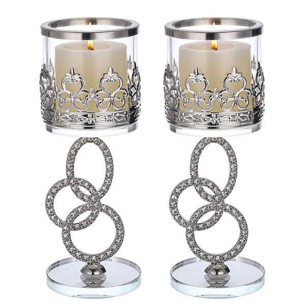 Tolida Crystal Glass Tea Light Votive Candle Holder Set of 2 Decorative Clear Glass Aromatherapy Candle Holder for Wedding Birthday Christmas Halloween Party, 18cm, Silver