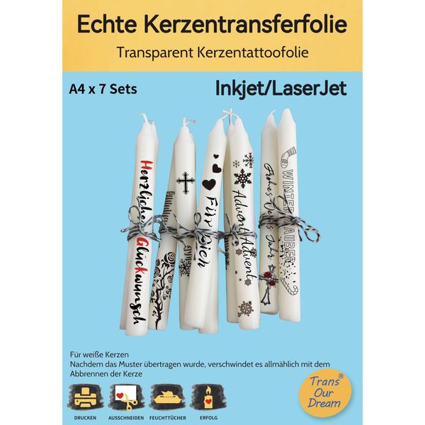 TransOurDream A4X7 Sets Laser/Inkjet Kerzentransferfolie Kerzenfoile Wasserschiebefolie für Laserdrucker/Tintenstrahldrucker, Kerzensticker Kerzentattoos Tattoofolie Transferfolie,Kerzendekopapier,