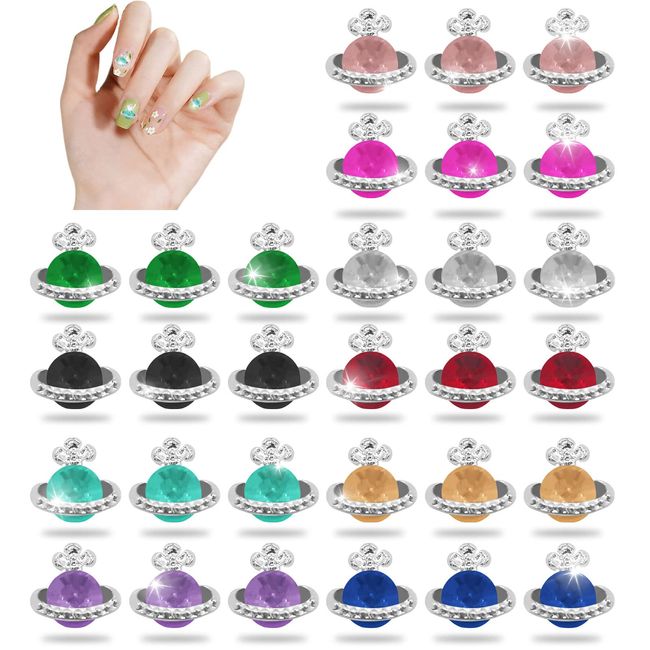 BLMHTWO 30pcs Planet Nail Art Charms, Planet Nail Art Charms Shiny Saturn Shape Nail Art Alloy Diamond Crystal for Women Girls DIY Craft Acrylic Art Accessories(10 Colors)