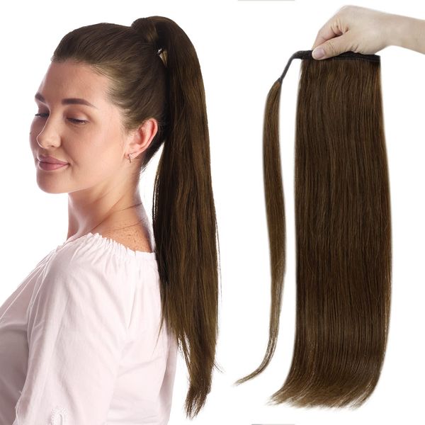 Full Shine Brown Hair Ponytail Extension Real Hair Medium Brown Wrap Around Ponytail Straight Ponytail Hair Extensions for Women Short Hair 70Grams 12Inch