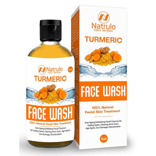 Natrulo Turmeric Face Wash, 4oz Clear Skin Liquid Soap – 100% Natural Anti Aging Exfoliating Turmeric Facial Cleanser for Fading Spots, Clearing Acne Scars, Age Spots, Sun Damage, Discoloration - Turmeric Soap Skin Detox Treatment Made in USA