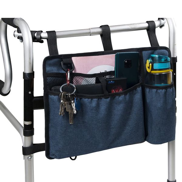 Caroo Walker Bag Basket with Cup Holder Suit for Adult Folding Walkers Rollator Organizer Carry Storage Pouch Water-Resistant Armrest Accessories for Seniors, Elderly, Handicap, Blue