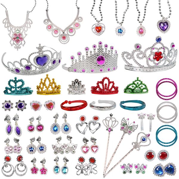 Jewelry Toy,62 Pieces Princess Pretend Jewelry Toy Playset,Assorted Jewelry Dress Up Toy Rings,Earrings,Necklaces,Crowns,Bracelets,Wands for Girls Birthday Gift,Princess Party Favors