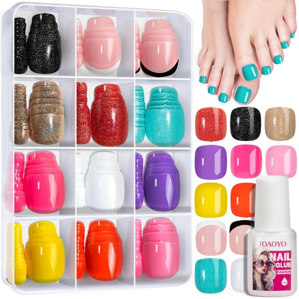 JOAOYO Press on Toenails 12 Colors 288 PCS Toe Nail Press Ons Short Square with Nail Glue,6 Glossy Press on Toe Nails Full Cover,4 Glitter Fake Toe Nails, 2 French Tip Toe Press on Nails for Summer