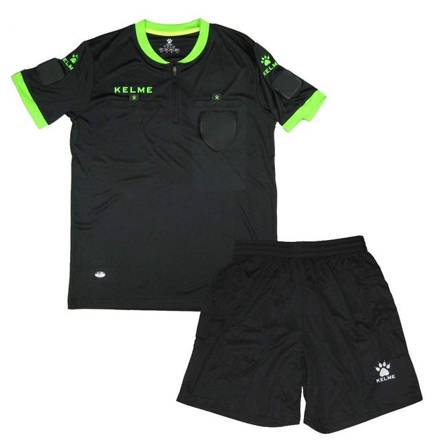 Kelme K15Z225 Referee Shirt & Pants Set, Short Sleeve, Black x Neon Green, Size S