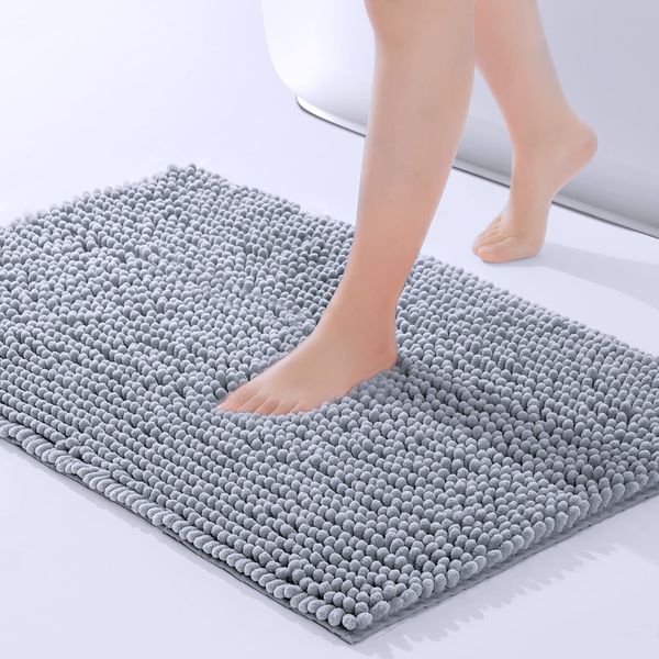 ROSMARUS Chenille Bath Mat Non-Slip Super Absorbent Bathroom Mat 80X50cm,Microfiber Shower Mat Shaggy Rug for Bathroom,Light Grey