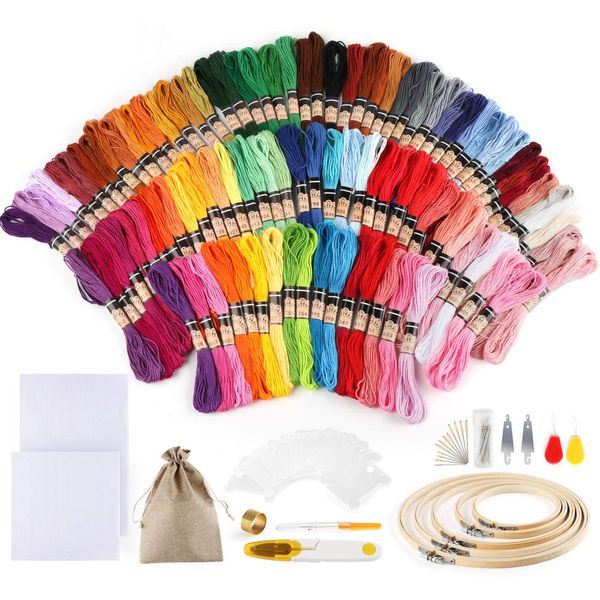 Homewit 100 Colours Embroidery Set, Cross Stitch Starter Kit Embroidery Crafts Floss Embroidery Set + 5 Pieces Bamboo Embroidery Frame, 2 Pieces Cloth, Needles Set