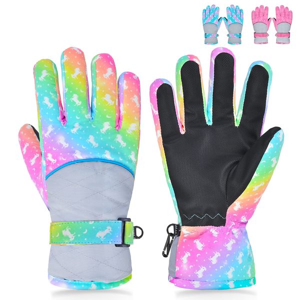 PAMAID Kids Gloves Winter Snow Gloves Waterproof Ski Gloves for Girls, Toddler Snow Gloves Outdoor Snowboard Gloves (Rainbow)