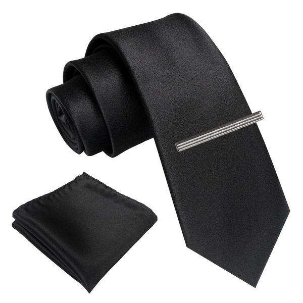 RBOCOTT Black Skinny Tie and Pocket Square with Tie Clip Set(16)