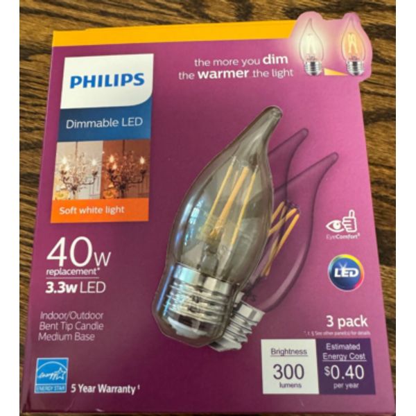 Phillips Dimmable LED 40W 300 Lumen Warm Soft White Bent Tip Candle blub 3-pack