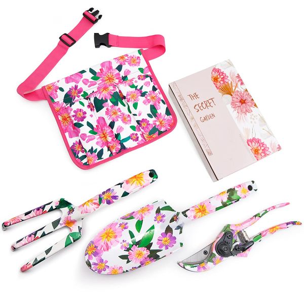 Hortem Gardening Set Gifts Women Ladies, Floral Garden Tools Set Include Aluminum Trowel, Cultivator and Pruning Shear and Garden Belt Bag