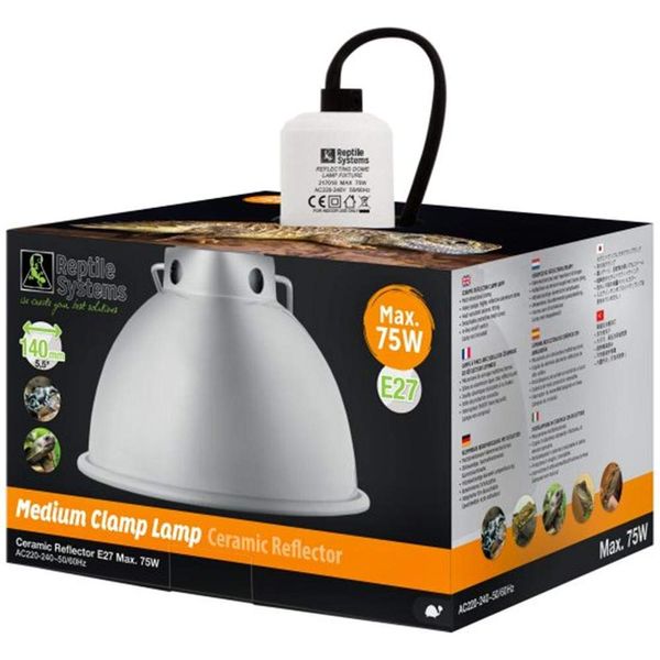 Reptile Systems D3 E27 Ceramic Clamp Lamp with Reflector | MEDIUM 140mm | 75w MAX
