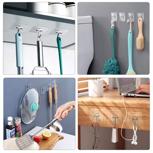 Znben Adhesive Hooks, Reusable Wall Hooks Heavy Duty 13LB Ceiling Hooks Transparent Seamless Hooks Waterproof and Oil Proof for Cabinet Kitchen Bathroom Ceiling Office Window 10 Pack