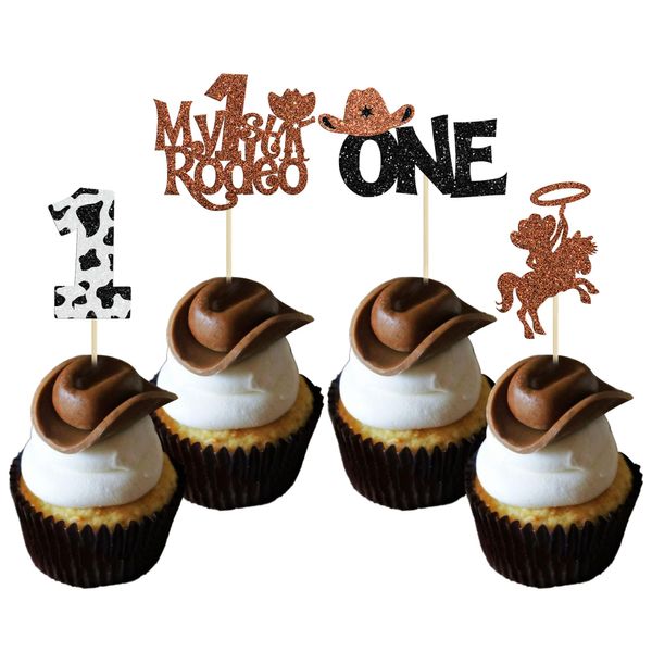 24Pcs Cowboy 1st Birthday Cupcake Toppers Glitter First Birthday Hat Cowboy One Cake Decorations for Western Theme Baby Shower Kids Boys 1st Birthday Party Supplies Brown