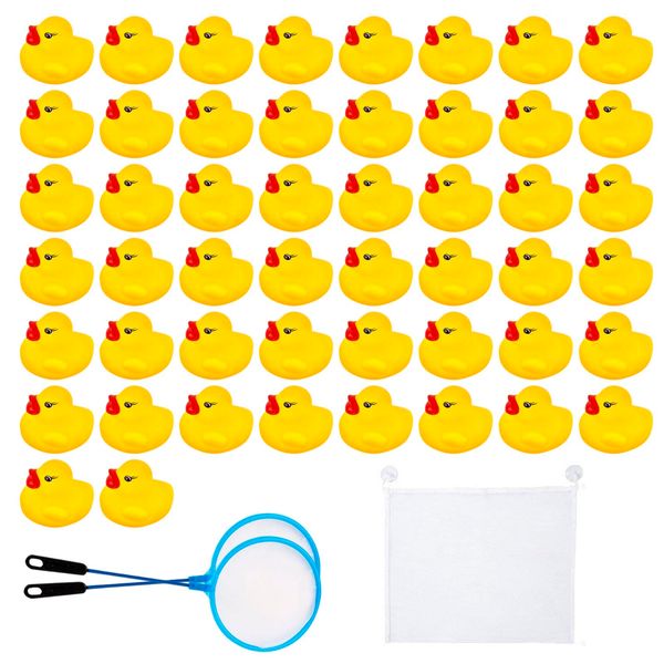 AYNKH 50PCS Rubber Ducky with Storage Mesh Bag, Float and Squeak Mini Small Yellow Ducks, Baby Shower Toy Party Decoration Fishing Game for Toddlers Boys Girls