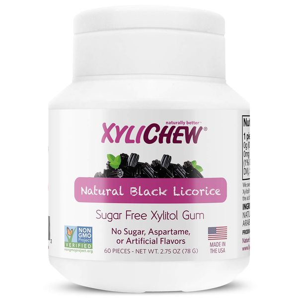Xylichew 100% Xylitol Chewing Gum Jars - Non GMO, Gluten, Aspartame, and Sugar Free Gum - Natural Oral Care, Relieves Bad Breath and Dry Mouth - Licorice, 60 Count (Pack of 4)