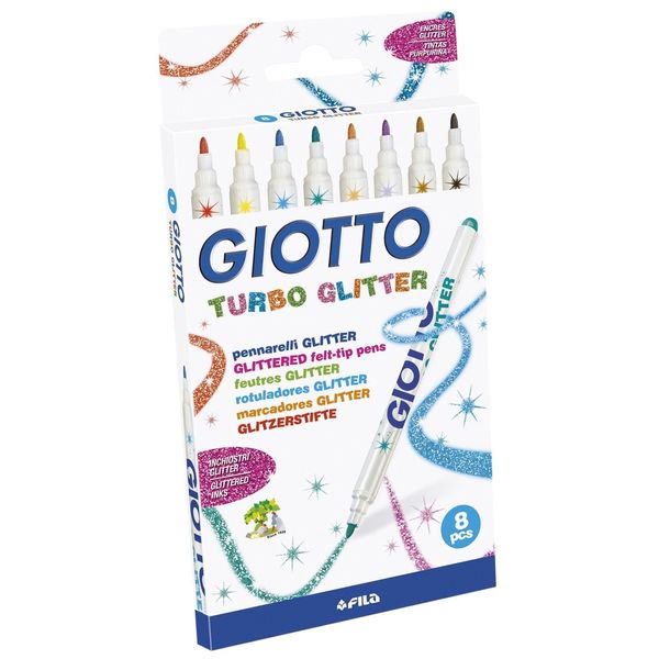 GIOTTO TURBO GLITTER FELT TIP FIBRE TIP PENS - GLITTERED PENS WALLET OF 8