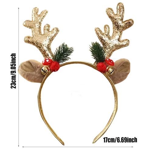 Gold Glitter Deer Antler Headband Christmas Reindeer Antlers Headband Furry Ears HairBand Cute Bell Red Ball Hair Hoop Xmas Elk Headdress Holiday Headpiece for Women Girls 1 Pack, One Size Fits Most