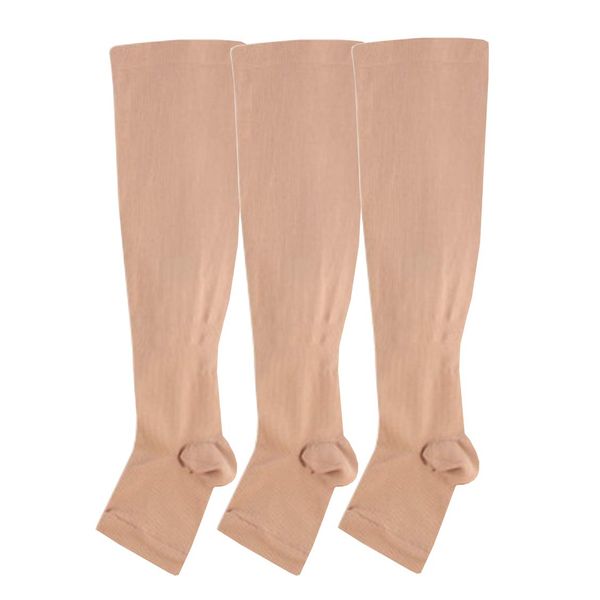Open toe Toeless Compression Socks 3 Pairs for Women Men 15-20 mmHg Support Stockings Running Travel Pregnancy (L/XL, Nude)