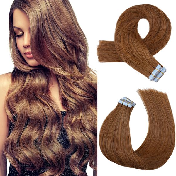 KOCONI Tape Hair Extensions Tape in Hair Extensions Human Hair Invisble Black Tape in Hair Extensions Real Human Full Head Tape in Hair Extensions Hair 22 Inch 50g/Pack 20Pieces #6 Chestnut Brown