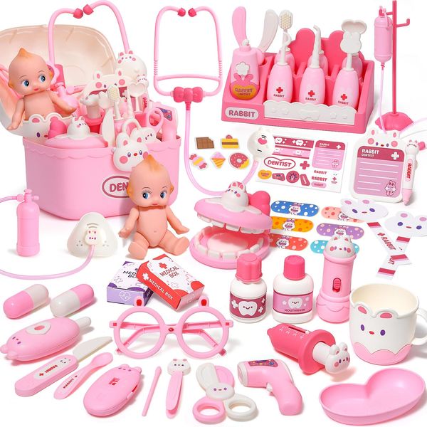 Golray 52 Pcs Toy Doctor Kit with Pretend Teeth Baby Doll for Girls Kids Dentist Pretend Play Set with Dental Tools, Carrying Box, Stethoscope Toy Doctor Role Play Gift for Kids Girls Toddlers 3 4 5 6