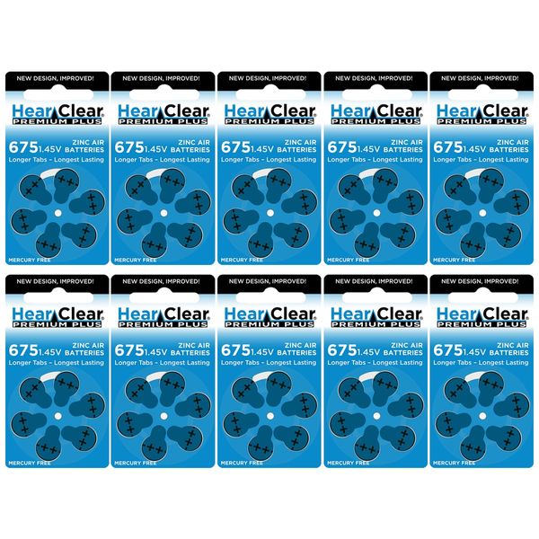 Hear Clear Size 675 PR44 Hearing Aid Batteries Blue Tab (60 Batteries) + Battery Holder Keychain