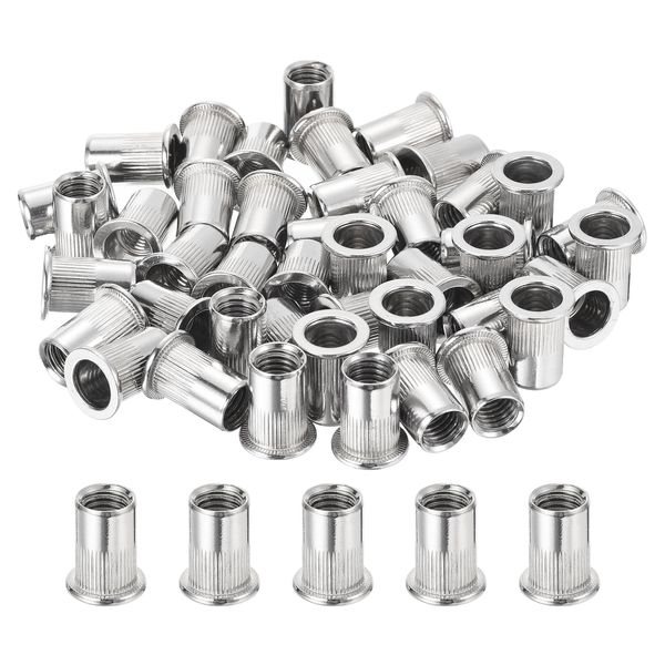 sourcing map 100Pcs Rivet Nuts Flat Head, M10 Stainless Steel 304 Threaded Insert Nuts Knurled Body