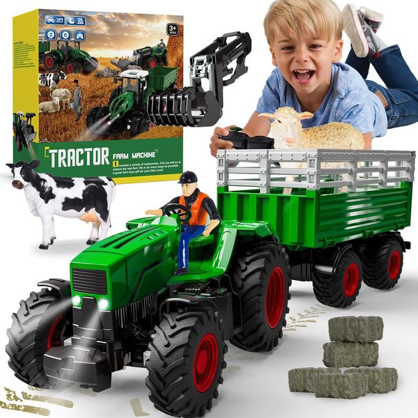 Remote Control Tractor Toys, RC Tractor Toys for Kids 3-5 & 5-7, Farm Animal Toys Set with Front Loader and Light, Farm Vehicle Toy Tractor Toy, Tractors for Kids Ages 4-8 Boys Girls Gift…