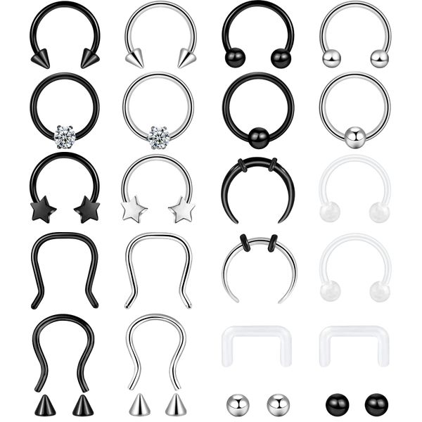 ONESING 20 Pcs 16G Septum Rings Surgical Steel Septum Jewelry Smiley Horseshoe Helix Daith Tragus Hoop Lip Rings Septum Piercing for Women Men