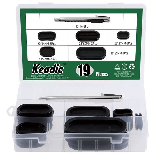 Keadic 19Pcs 5 Sizes Oval Double-Sided Rubber Grommet Set with Knife, Closed Hole Plug Firewall Grommets Gasket Electrical Appliance Grommet Wire Protection for Vehicle Plumbing Automobile