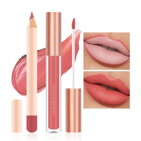 Prreal 2Pcs Lip Liner and Lipstick Makeup Set, Matte Liquid Lipstick + Matching Lip Liner, Nude Velvety Lipstick Makeup Kit, Waterproof Long Lasting labiales mate 24 horas originales (09)