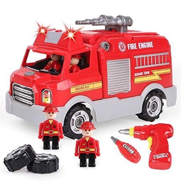 REMOKING Car Toy, Assembly Toy, Fire Truck Toy, DIY Car Set, Toy for Boys, Toy for Girls, Sound Pump Fire Truck, Pretend Play for Kids, Kids Toy, Lots of Sound, Light and Hand Play, 26 Pieces, Emergency Vehicle Set, Work Vehicle, Tool Set, Runnable 