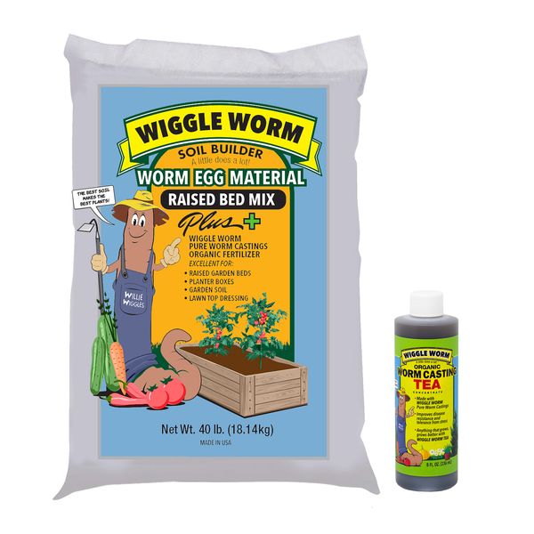 WIGGLE WORM Worm Egg Material Raised Bed Mix, 40 LB, and Tea, 8 OZ