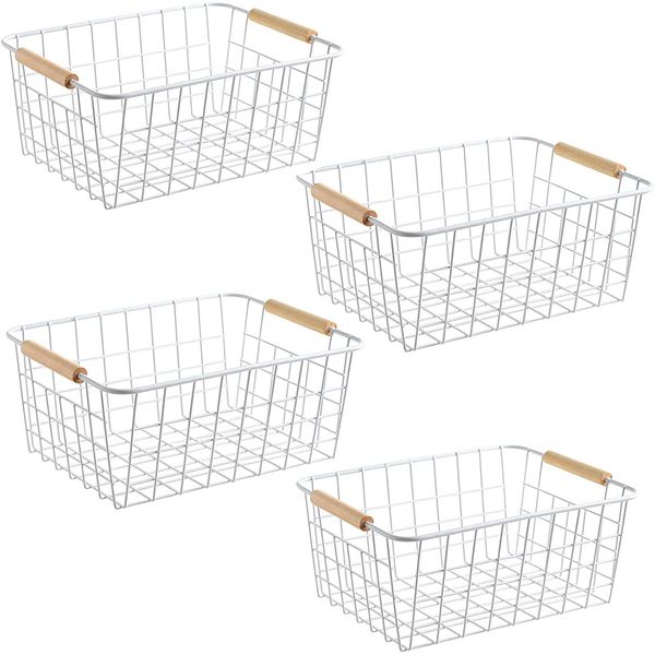 Wire Baskets with Handles Wire Storage Organizer Baskets for Kitchen 4 Set White