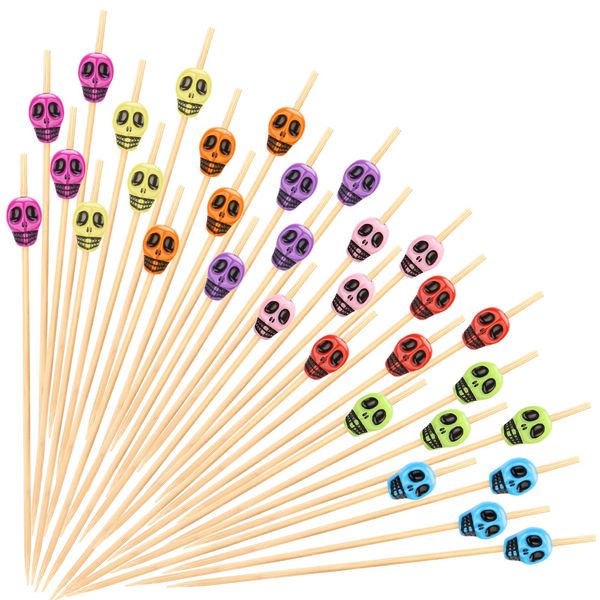 200PCS Skull Cocktail Picks, Halloween Skull Toothpicks For Appetizers Charcuterie Boards Accessories, 4.7 Inch Skull Bamboo Skewers, Halloween Cocktail Sticks For Drinks Fruit Party Decoration