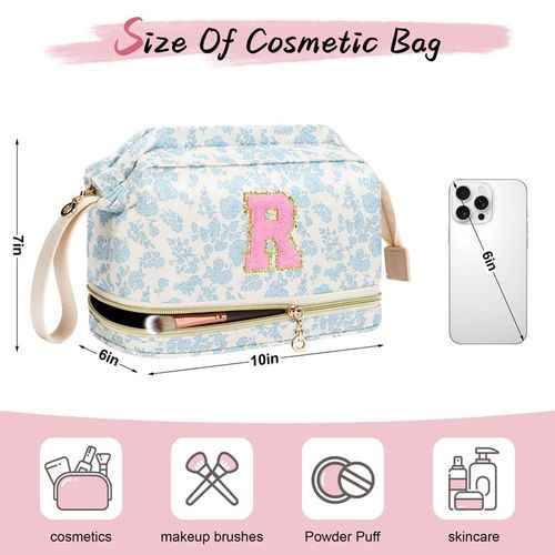 Personalized Makeup Bag Initial Graduation Gifts, Teen Girl Gifts Trendy Stuff Cosmetic Bag, Teacher Appreciation Gift, Travel Make up Bag for Women Dance Recital Gift for Girls - Blue flower J