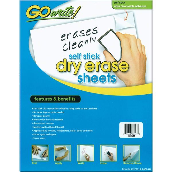GoWrite! PACASB8511 Self-Adhesive Dry Erase Sheets, White, 8-1/2" x 11", 30 Sheets