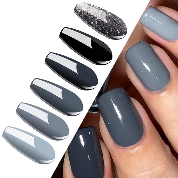 Vishine Classic Gray Serie Gel Nail Polish Set - 6 Different Gray Shades Glitter Gel Polish Kit Popular Nail Art Design Soak Off LED Lamp Nail Polish Gel Manicure Kit