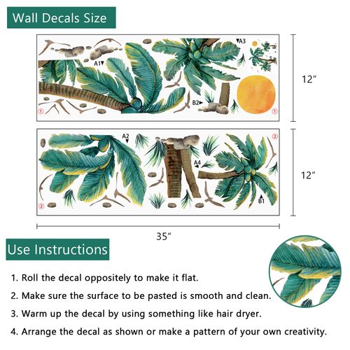 Yovkky Palm Tree Beach Wall Decals Stickers, Tropical Plant Coconut Tree Sunset Home Bedroom Decor, Hawaii Seagull Living Room Kitchen Decorations Art
