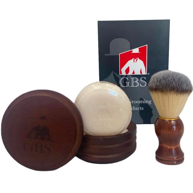 G.B.S Men's Wet Shave Kit Synthetic Hair Bristle Shaving Brush, Wooden Shaving Soap Bowl Cup with Lid Cover and Natural Shaving Soap, Dark Wood Set