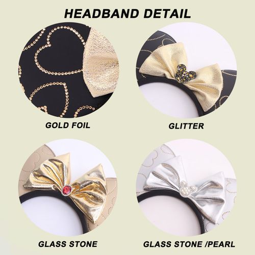 Jing xin Golden Mouse Ears Headbands, 1 PCS Pu Mouse Ears for Women Girls,Glitter Bow Headbands Themed Park Ears Cosplay Accessories