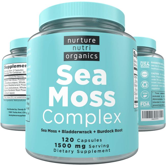 Nurture Nutri Organic Sea Moss Complex - 120 Irish Sea Moss Capsules | Sea Moss Organic | Irish Sea Moss Organic Raw | Seamoss Raw Organic | Sea Moss and Bladderwrack Capsules | Seamoss Pills |