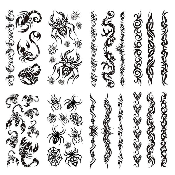 Yesallwas 8 fogli Mix Tribale Falsi Tatuaggi Halloween Ragno Nero Tatuaggio Temporaneo Piccolo Dragoni Tatuaggio Temporaneo Nero Tribale Tatuaggio Corpo Sticker per Uomini Donne 9cmX 19cm(LXW)