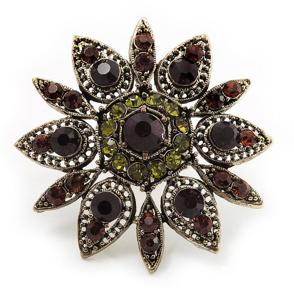 Avalaya Large Burn Gold Multicoloured Flower Cocktail Ring - 5cm Diameter (Size 8/9)