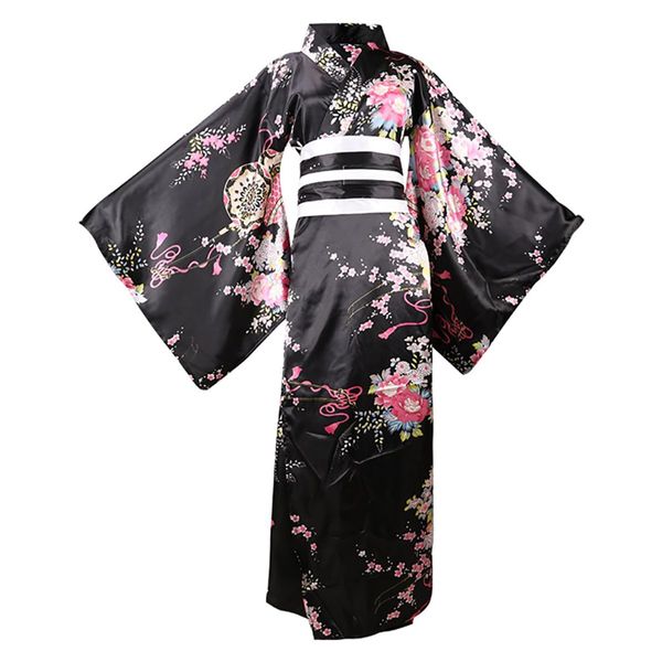 ZNLFS Women's Kimono Robe Traditional Japanese Kimono Dress Halloween Cosplay Costume Geisha Yukata Bathrobe (UK, Alpha, XXL, Regular, Regular, Black)