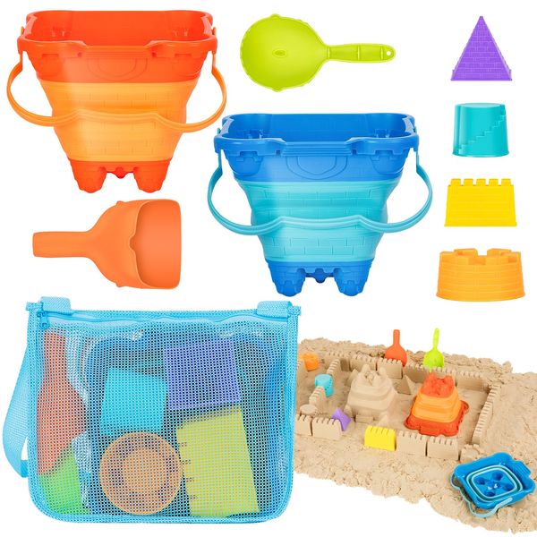 HUGCATY Beach Toys, Collapsible Sand Toys - 9pcs Sand Castle Building Kit: Foldable Sand Buckets, Shovels, Castle Molds & Packable Mesh Bag - Sandbox Toys for Toddlers, Kids Ages 3-12, Beach Travel