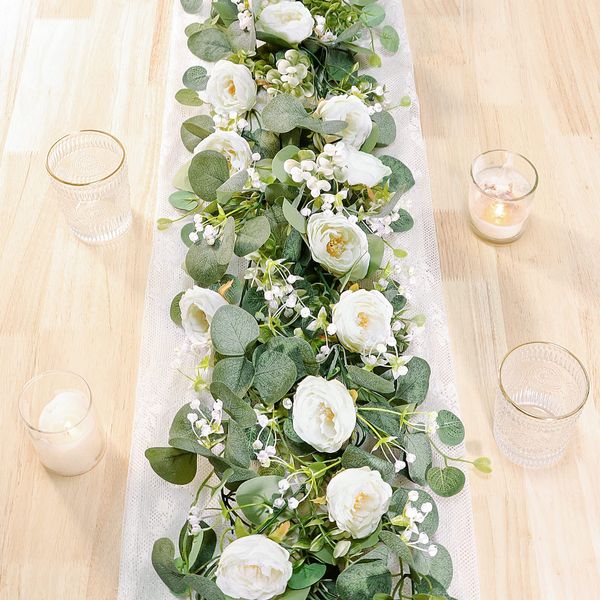 UXORSN 2PCS 12FT Artificial Eucalyptus Flower Garland with White Roses Fake Plants Silk Floral Greenery Garland Faux Gypsophila Ivy Vines for Wedding Decoration Home Party Table Runner Decor