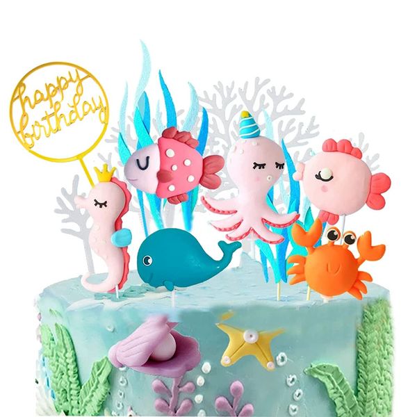 Morofme Sea Cake Topper, 12 pezzi Sea Birthday Cake Cupcake Topper, Ocean Animals Sea Cake Decorazione per bambini sotto il mare oceano mare mondo tema compleanno baby shower party Supplies