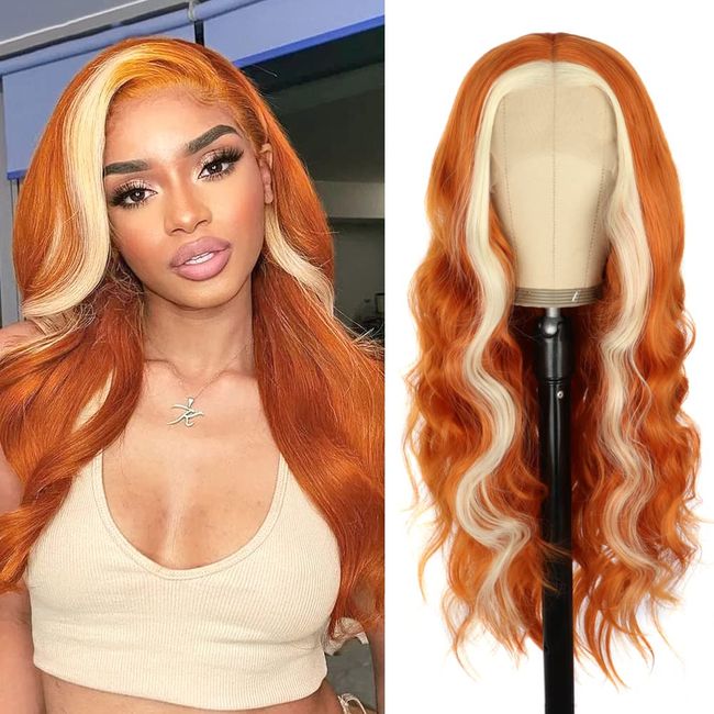 PORSMEER Lace Front Perücke Lang Lockige Gewellte Orange Ingwer mit blond Perücke für Damen 13x4 Lace Front Glueless Wig natürlichem Haaransatz Hitzebeständiges Kunsthaar Kupfer Rot