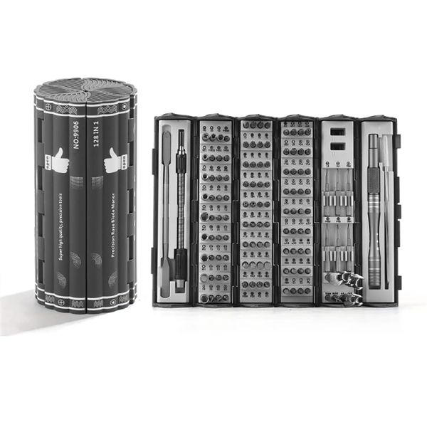 Precision Screwdriver Set Cylinder Organizer Case 128 Pcs S2 Alloy Steel HRC 56 Hardness Bits Space Saving Roll Up Case Professional Tool Set Magnetized Bit Head Fits Most Sizes (9906)